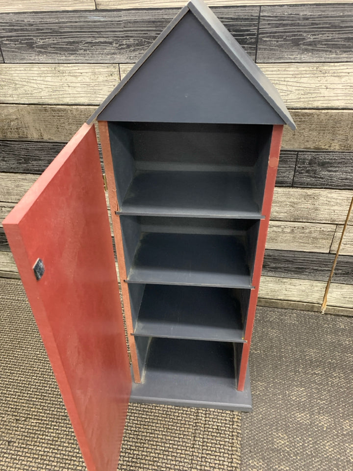 HAND-PAINTED APARTMENT SHELVING UNIT W/POINTED ROOF.