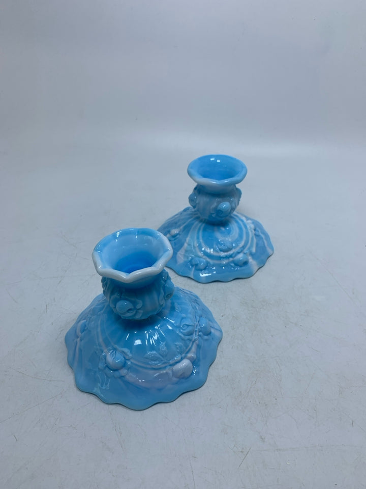 2 VTG CABBAGE ROSE BLUE MARBLE SLAG GLASS TAPERED CANDLE HOLDERS.