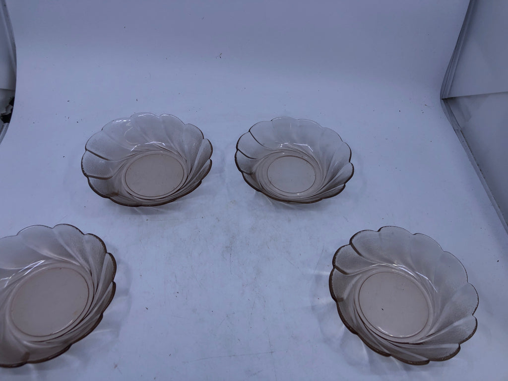 4 PALE PINK GLASS BOWLS SCALLOP EDGE.