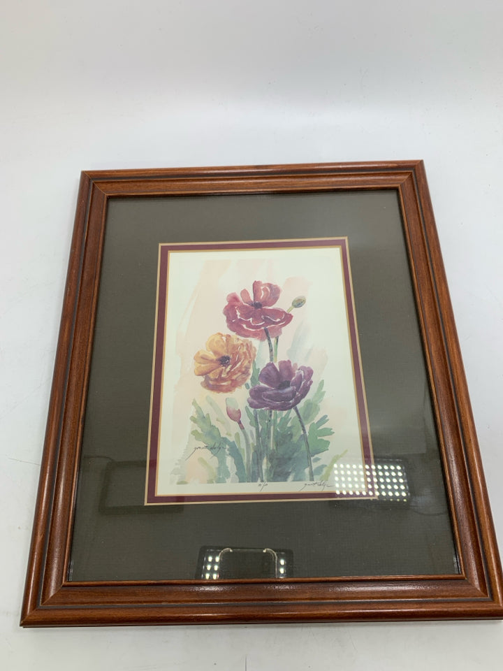 BROWN FRAME W/ FLORAL WATERCOLOR WALL ART.