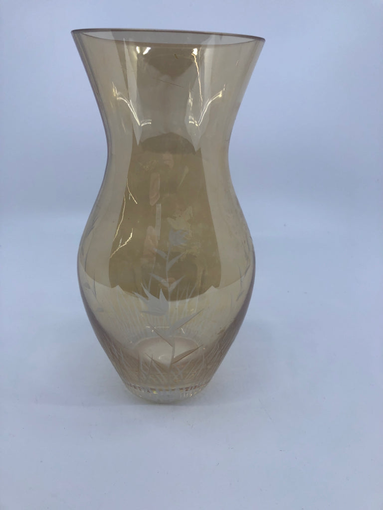 ETCHED GLASS FLORAL VASE W FLARED TOP/HOURGLASS SHAPE.