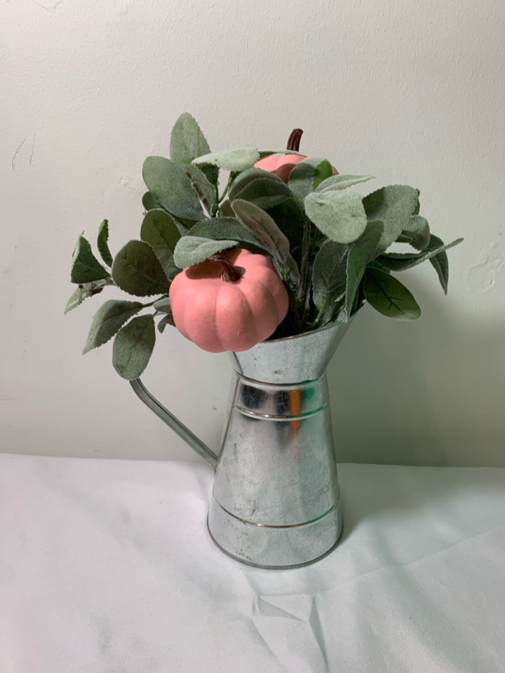 GALVANIZED PITCHER W/ FAUX PINK PUMPKINS BOUQUET.