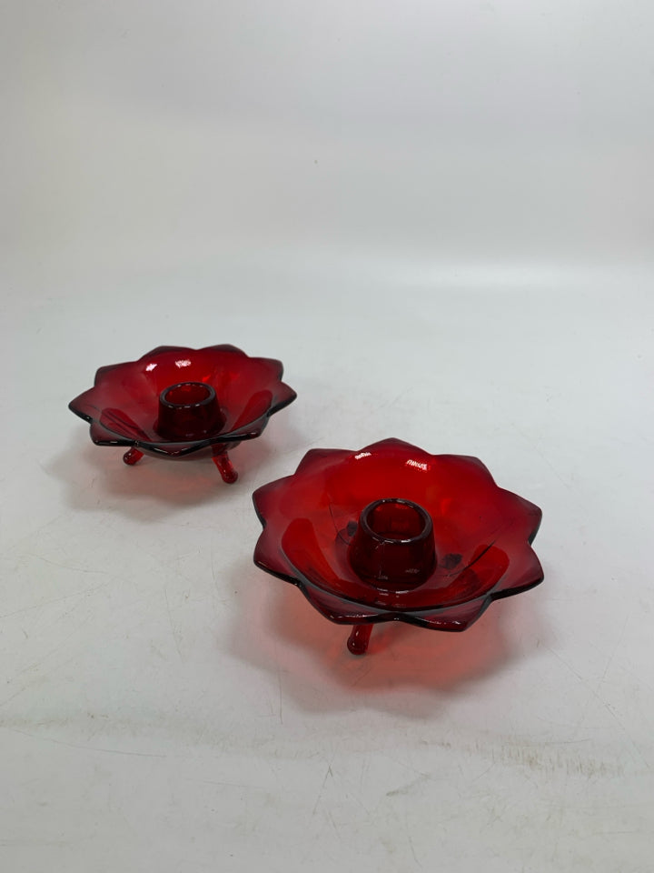 2 RUBY RED LOTUS FLOWER SHAPED FOOTED TAPERED CANDLE HOLDERS.
