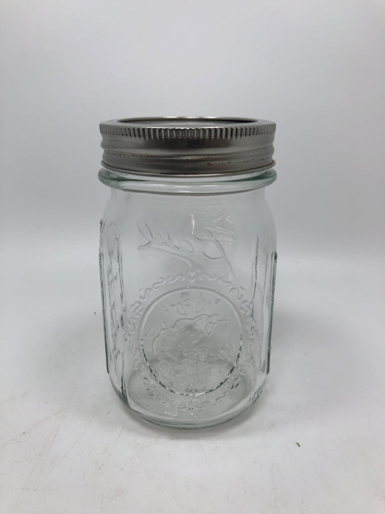 GLASS BALL MASON JAR W/SCREW LID.