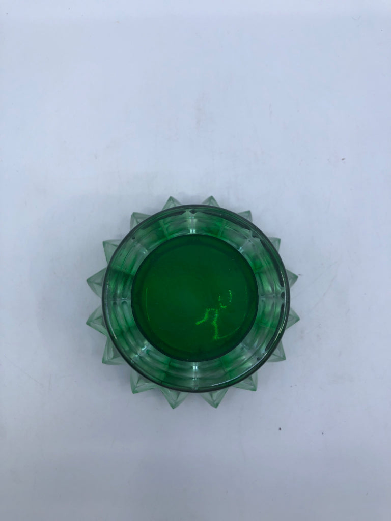 GREEN HEAVY SAWTOOTH EDGE VOTIVE CANDLE HOLDER.