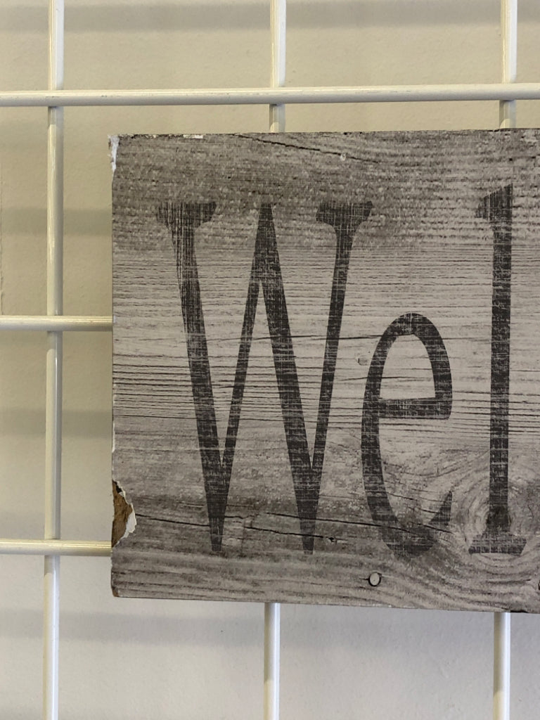 WELCOME TO OUR HOME- GREY FAUX WOOD WALL HANGING.