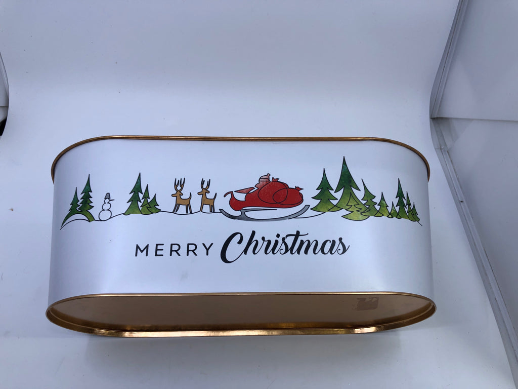 OVAL WHITE METAL BIN "MERRY CHRISTMAS".