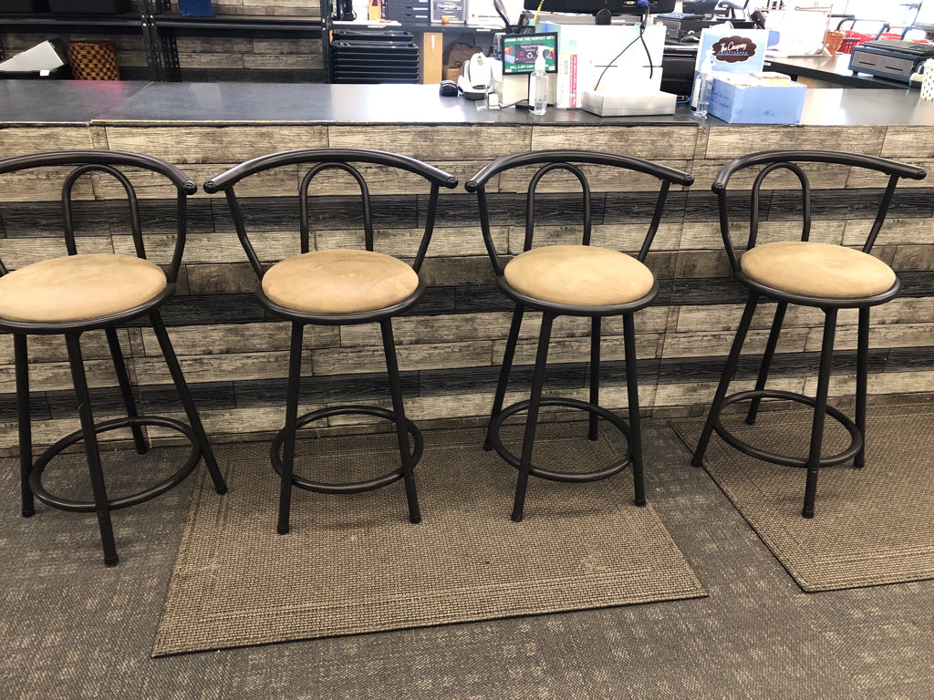 4 METAL + TAN CUSHIONS BAR STOOLS.