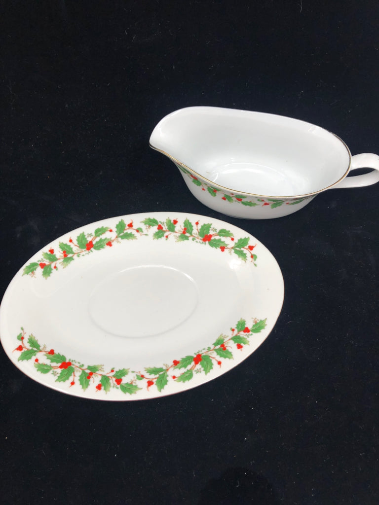 CHINA PEARL MISTLETOE GRAVY BOAT AND PLATE.