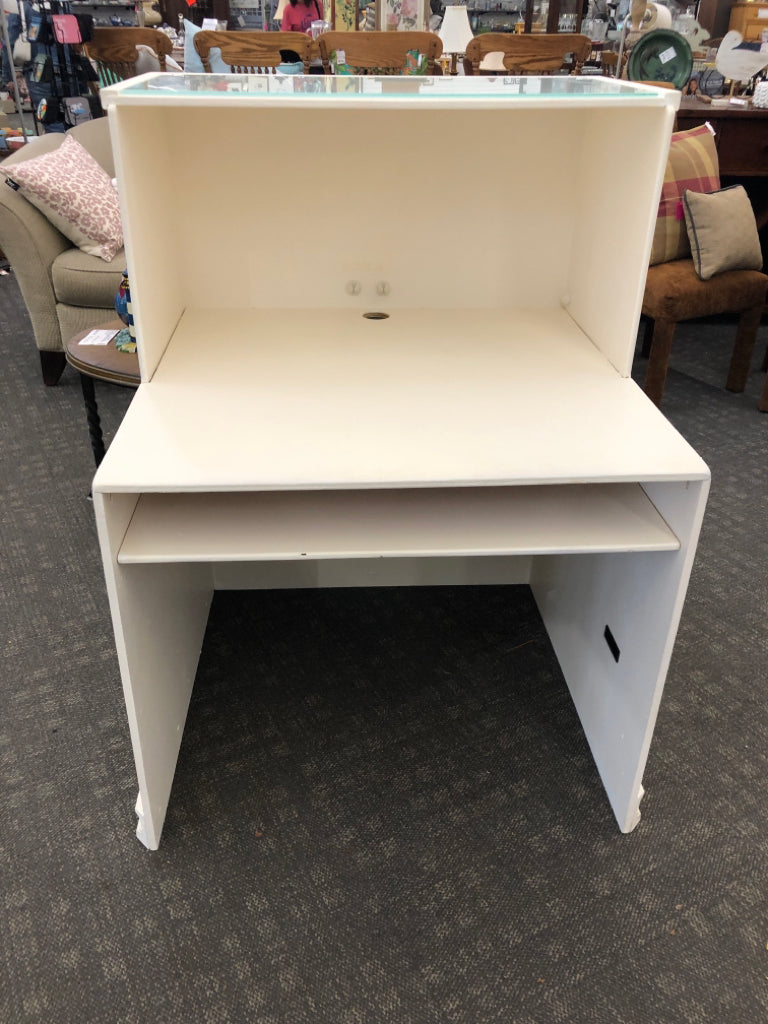 WHITE SQUARE DESK/ COUNTER-W REMOVABLE GLASS TOP.