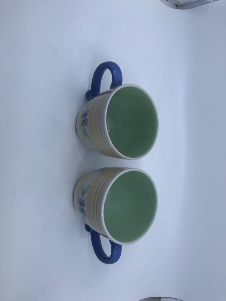 2 BLUE, YELLOW, GREEN FLOWER MUGS.