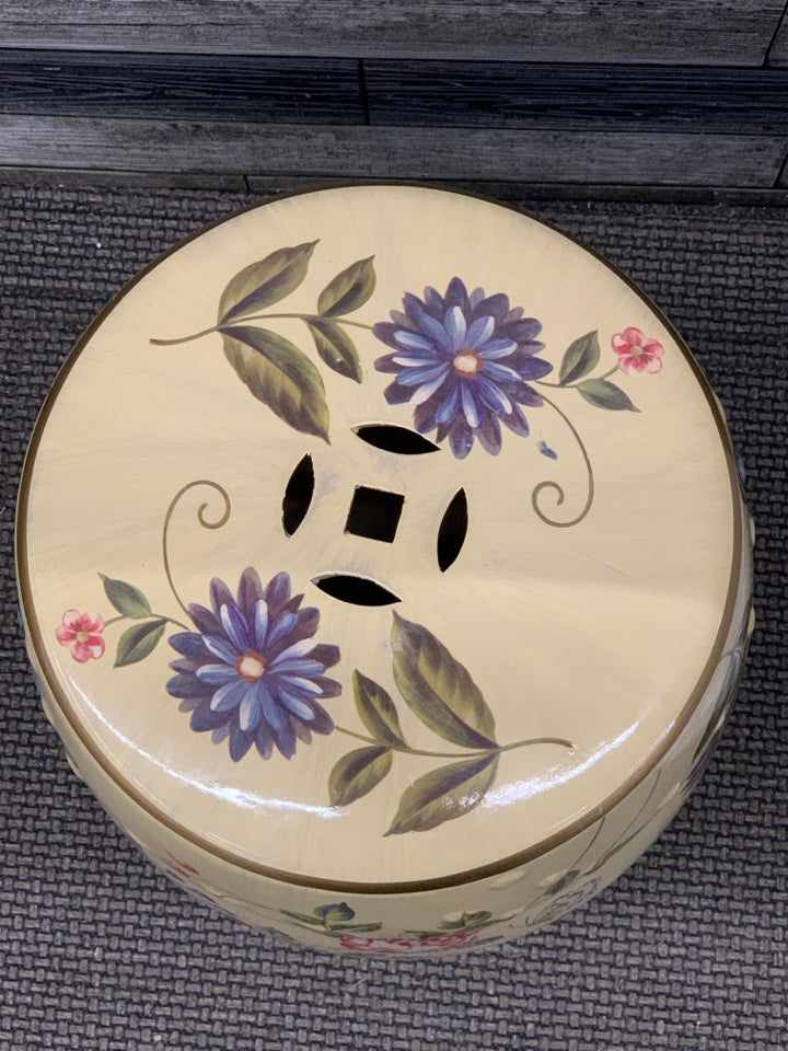 FLOWER PAINTED YELLOW CERAMIC GARDEN STOOL.
