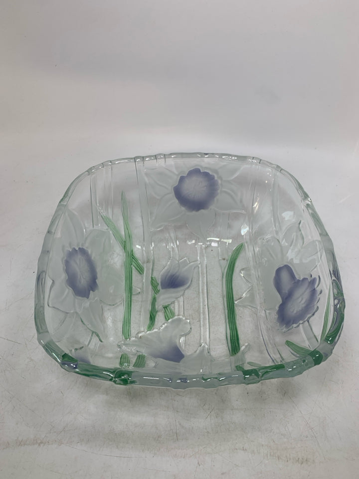 SQUARE GLASS SERVING BOWL W/ GREEN STEMS FROSTED BLUE FLOWERS.