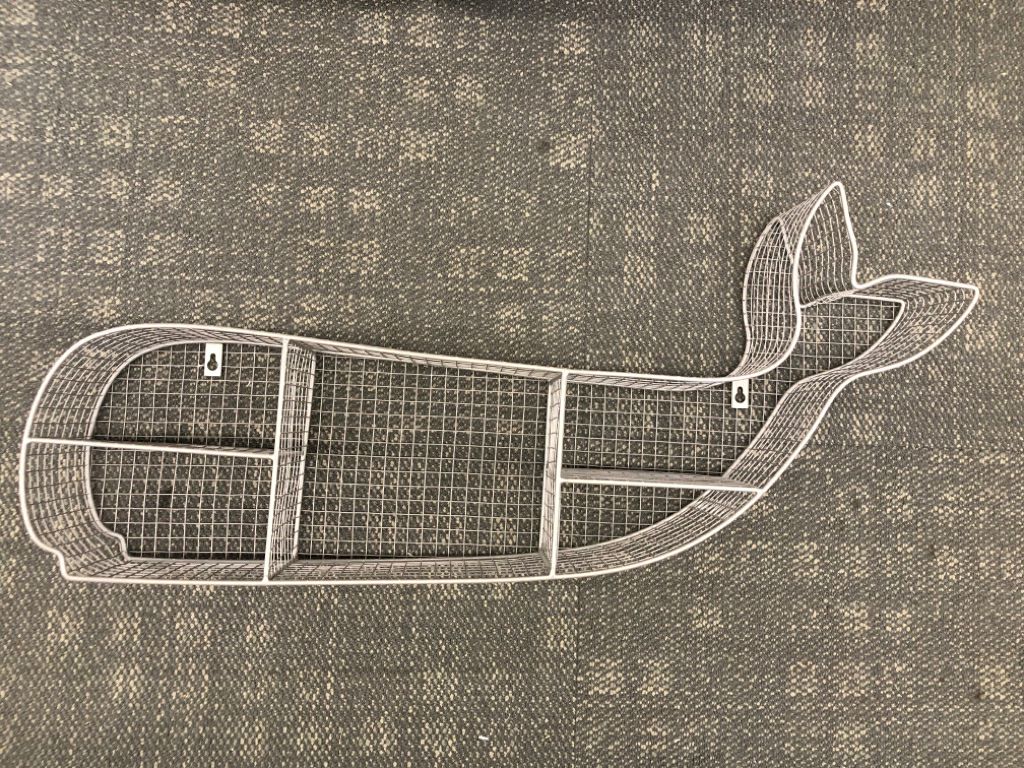 GREY METAL WHALE SHAPED DIVIDED SHELF WALL HANGING.
