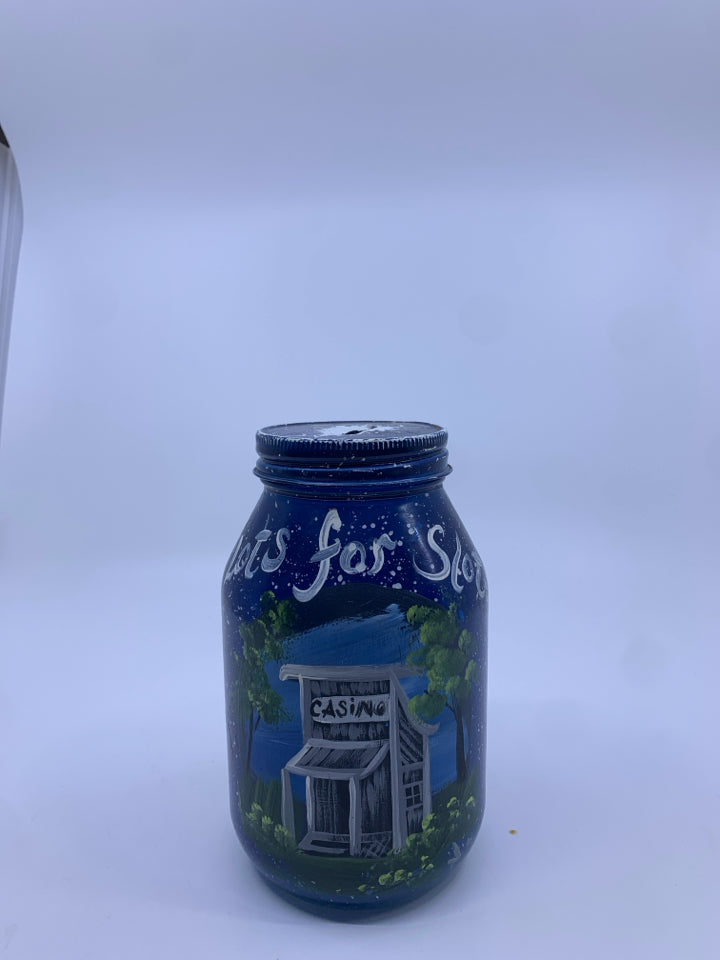 BLUE PAINTED MASON JAR BANK.