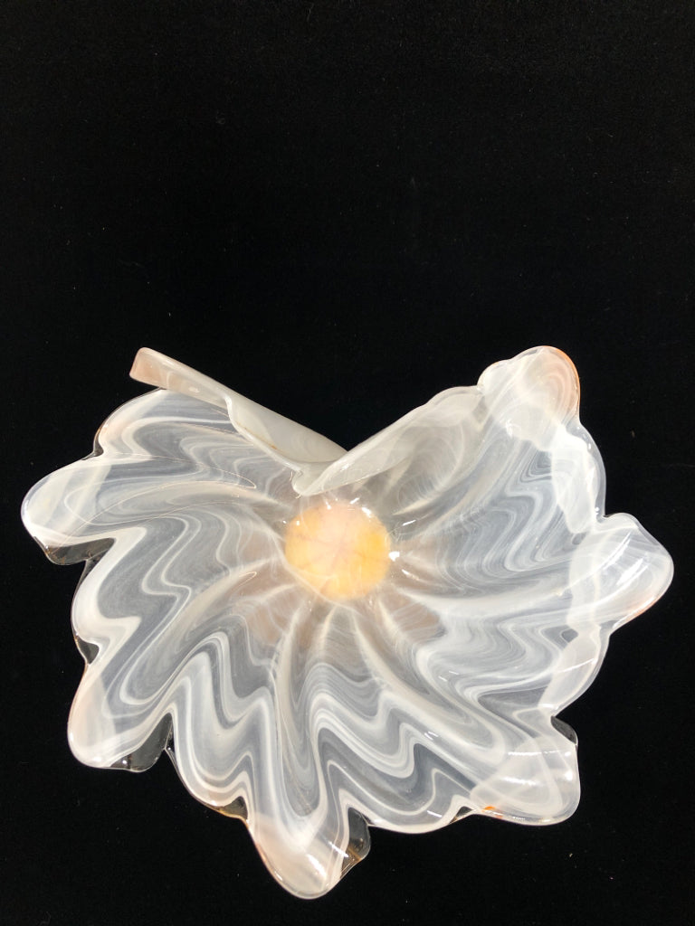 RUFFLED OPALESCENT BOWL W/RESIN ROSE BASE.
