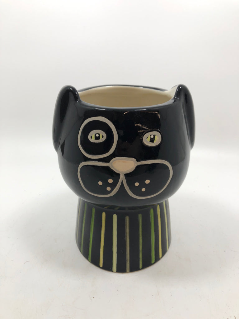 CERAMIC GREEN STRIPE BLACK DOG PLANTER.