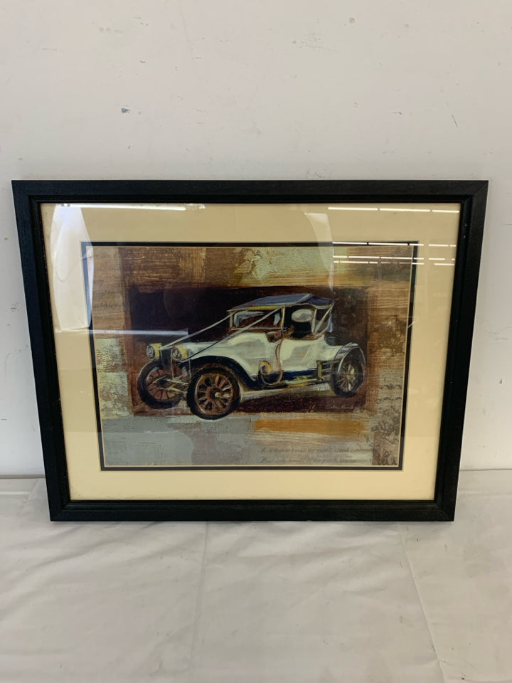 OLD VTG WHITE CAR PRINT WALL HANGING IN BLACK FRAME.