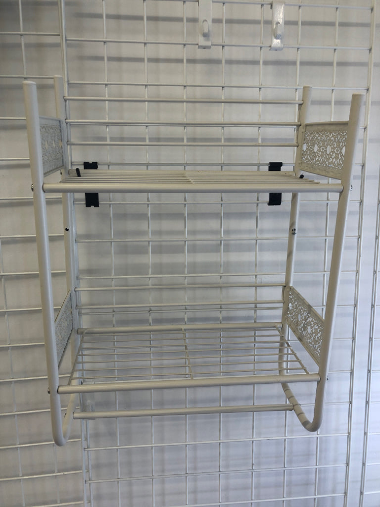 WHITE METAL 2 TIER SHELF W/ LACE DETAIL SIDES/ TOWEL RACK.