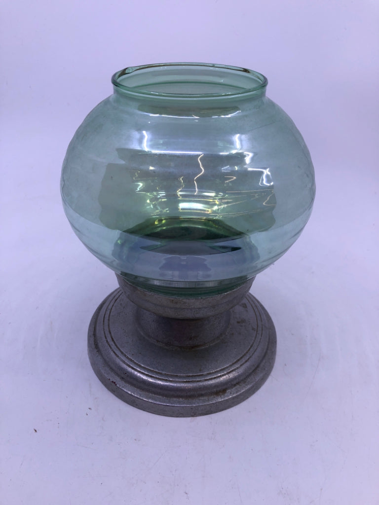 PEWTER BASE TAPERED CANDLE HOLDER W/ GREEN IRIDESCENT GLASS SHADE.
