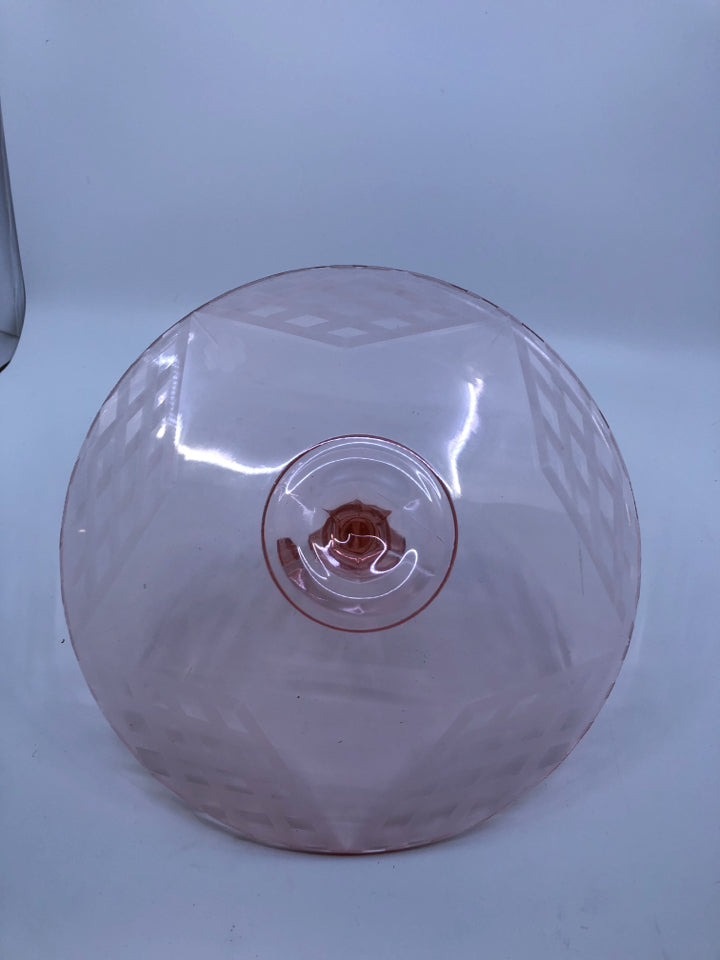 VTG PINK DEPRESSION GLASS ETCHED SERVER W CENTER HANDLE.