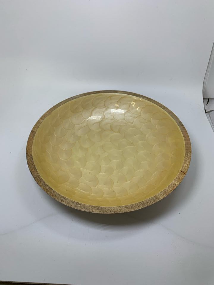 BLONDE WOOD BOWL W/ GLOSSY GOLD INTERIOR.