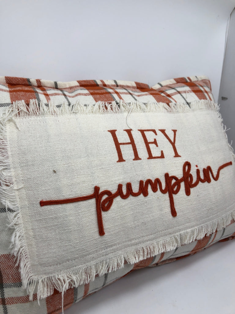 ORANGE FLANNEL "HEY PUMPKIN" ACCENT PILLOW.