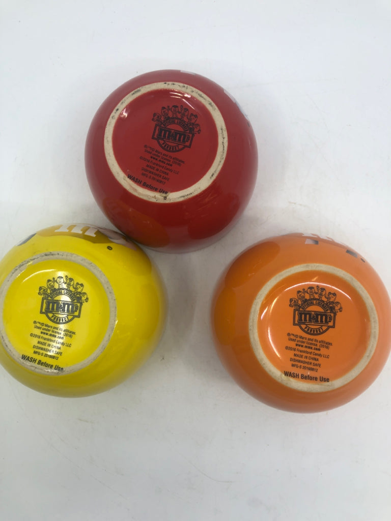 3 M&MS BOWLS- YELLOW, RED, ORANGE.