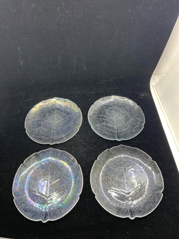 4 GLASS TEXTURED LEAF PLATES.