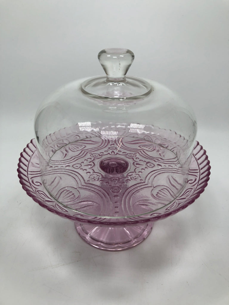 PINK GLASS DESERT STAND W/DOME.