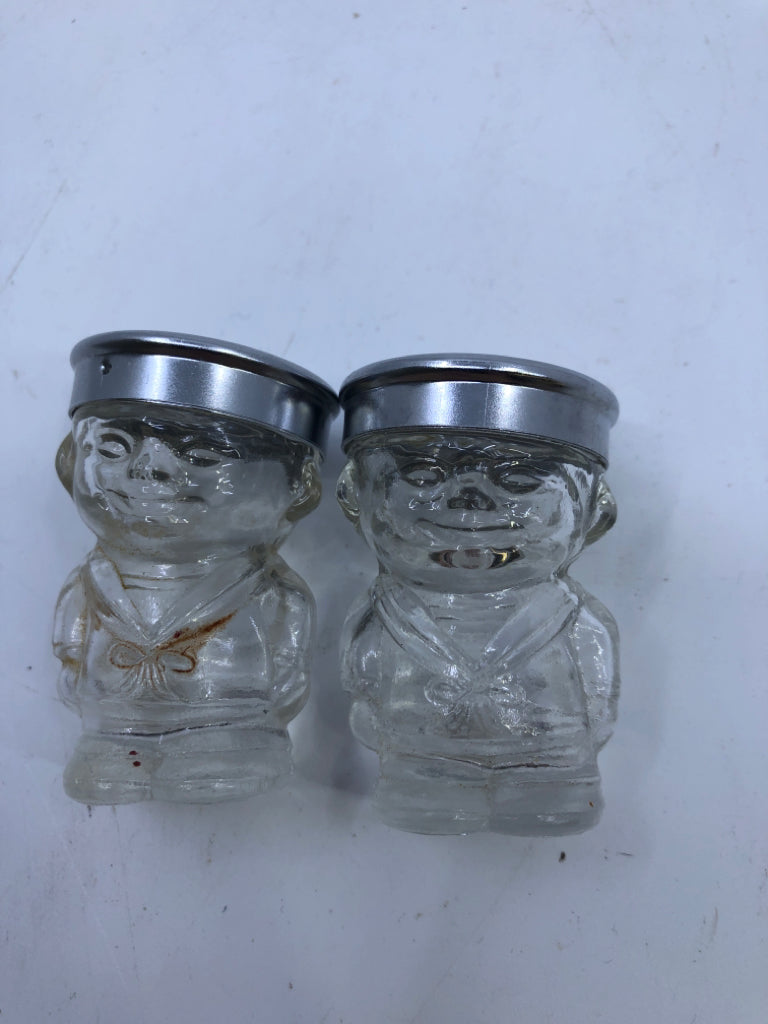 VTG CLEAR GLASS SAILOR S/P SHAKERS W/ SILVER TOPS.