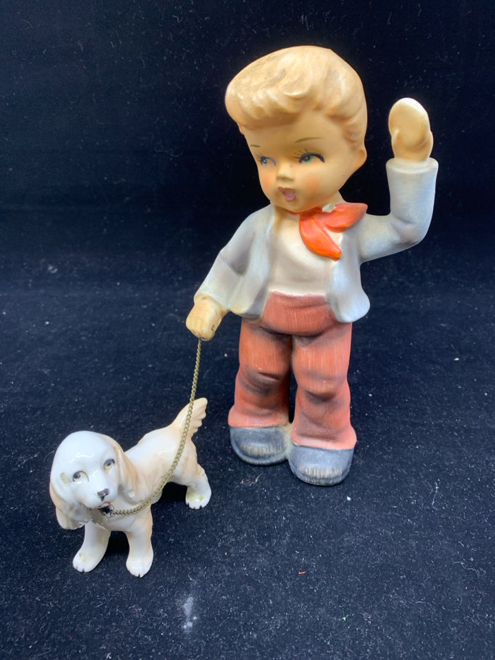 VTG LITTLE BOY WALKING DOG FIGURE.