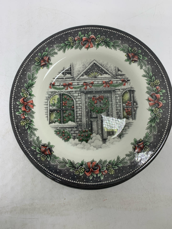 4 ROYAL STAFFORD LUNCH PLATES W/ DECORATED FRONT OF A HOUSE.