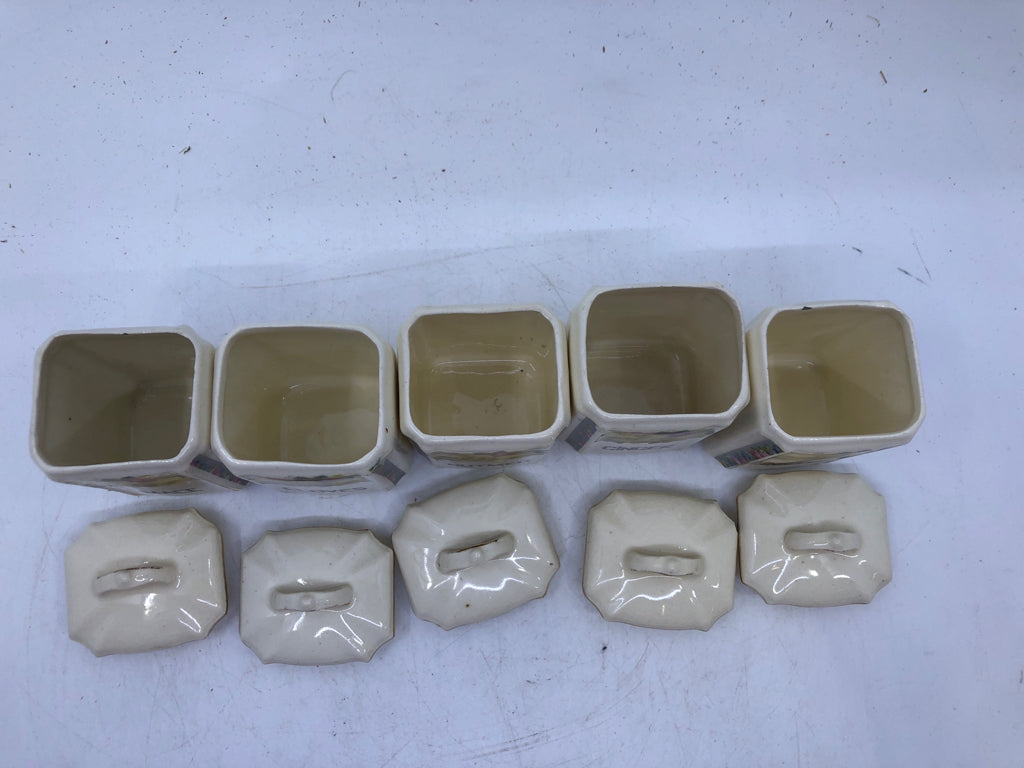 VTG 5 CZECH CERAMIC CREAM COLORED HERB CANISTERS W/LID MACE, NUTMEG, CLOVES, CIN