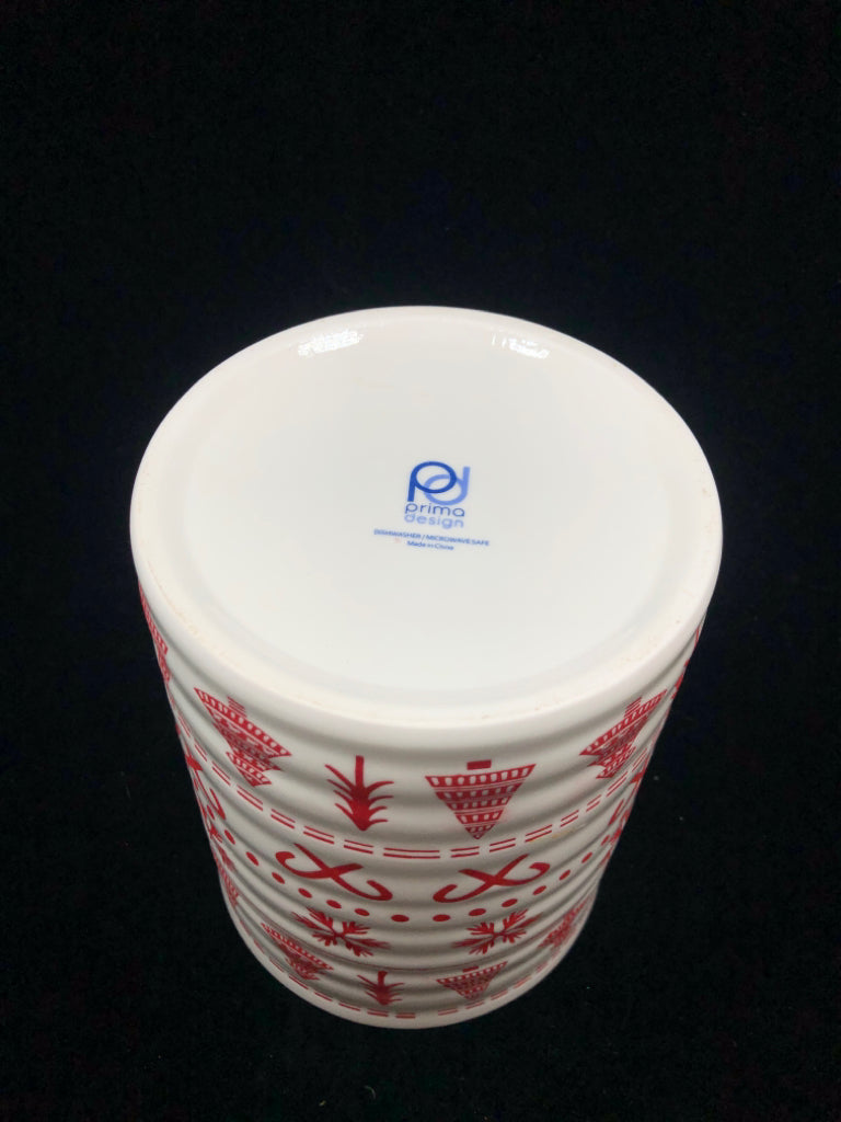 WHITE CERAMIC UTENSIL HOLDER W/RED WINTER/HOLIDAY PRINT.