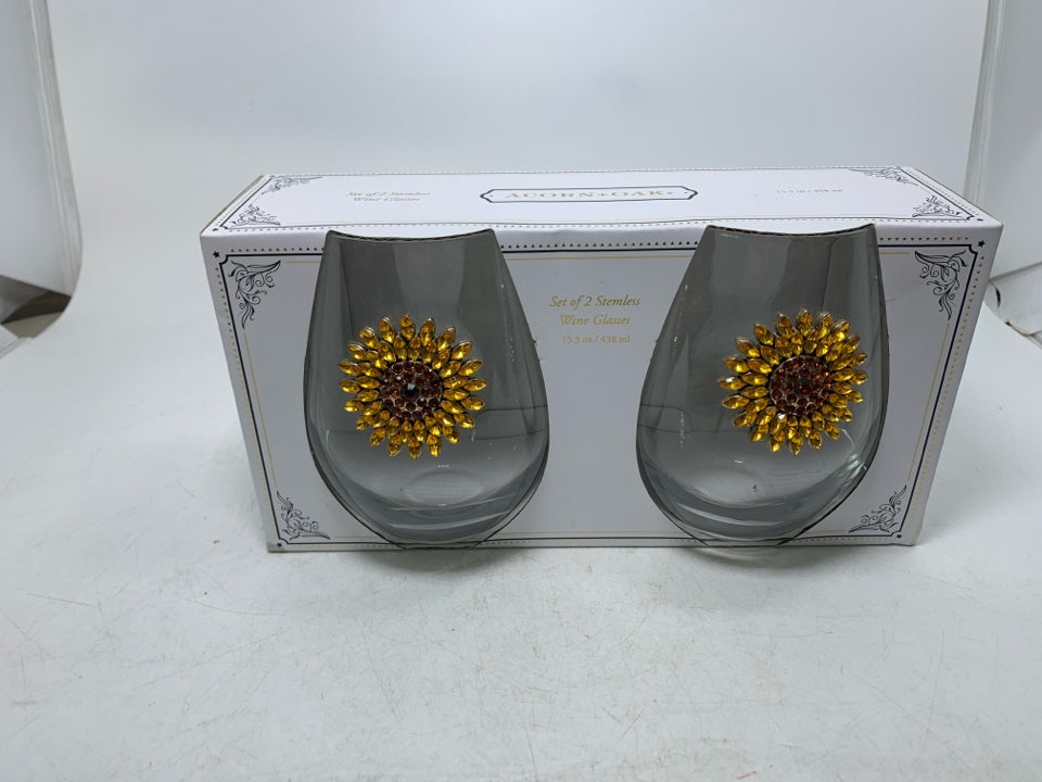 NIB 2 STEMLESS JEWELED SUNFLOWERS WINE GLASSES.