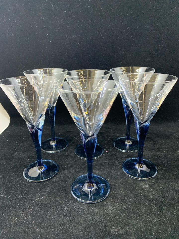 6 BLUE STEM CHAMPAGNE FLUTES.