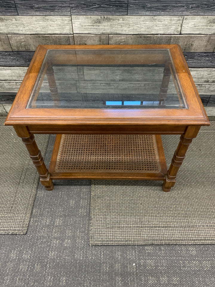 DARK WOOD GLASS TOP SIDE TABLE W BOTTOM SHELF.