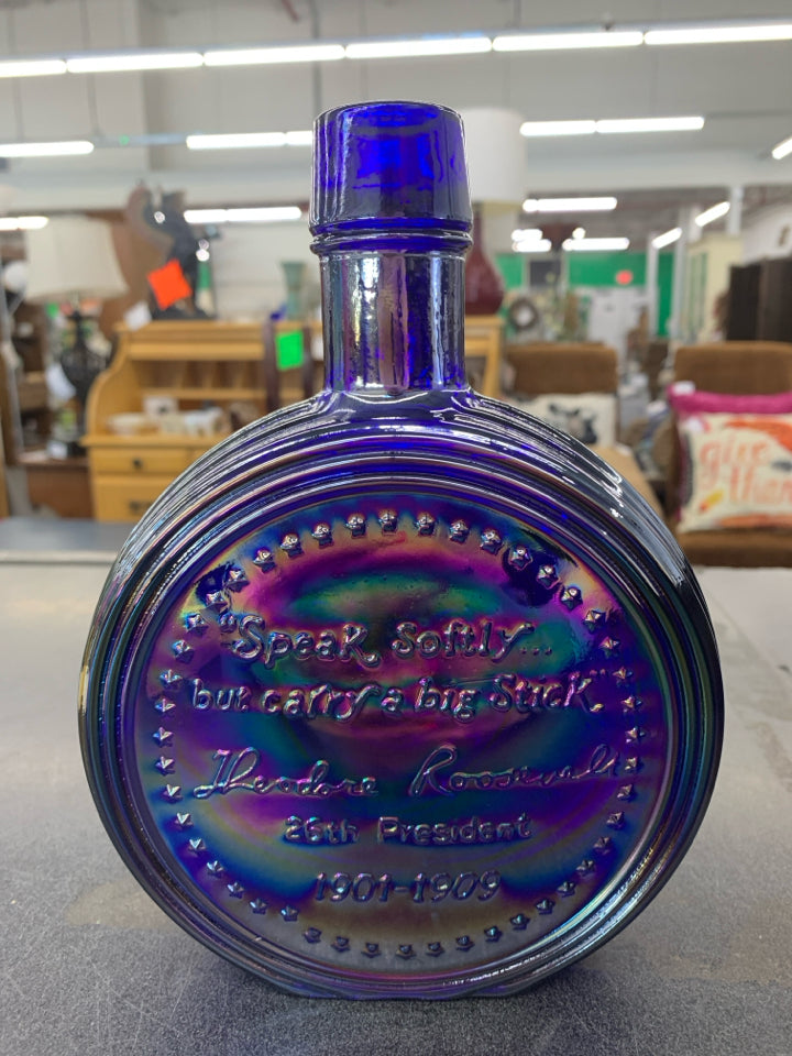 VTG COBALT BLUE GLASS PRESIDENTIAL EMPTY BOTTLE- ROOSEVELT.