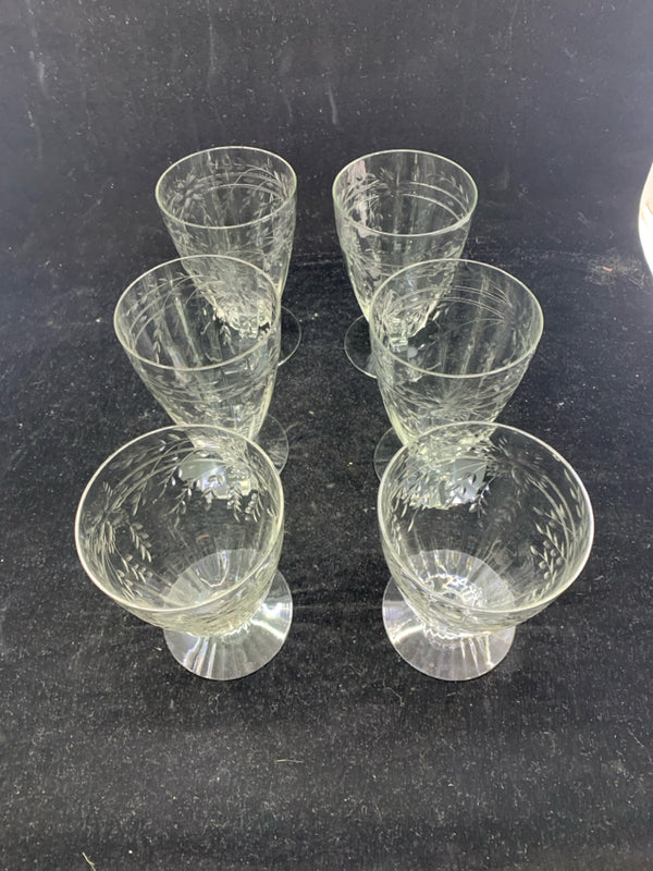 6 ETCHED DESSERT GLASSES.