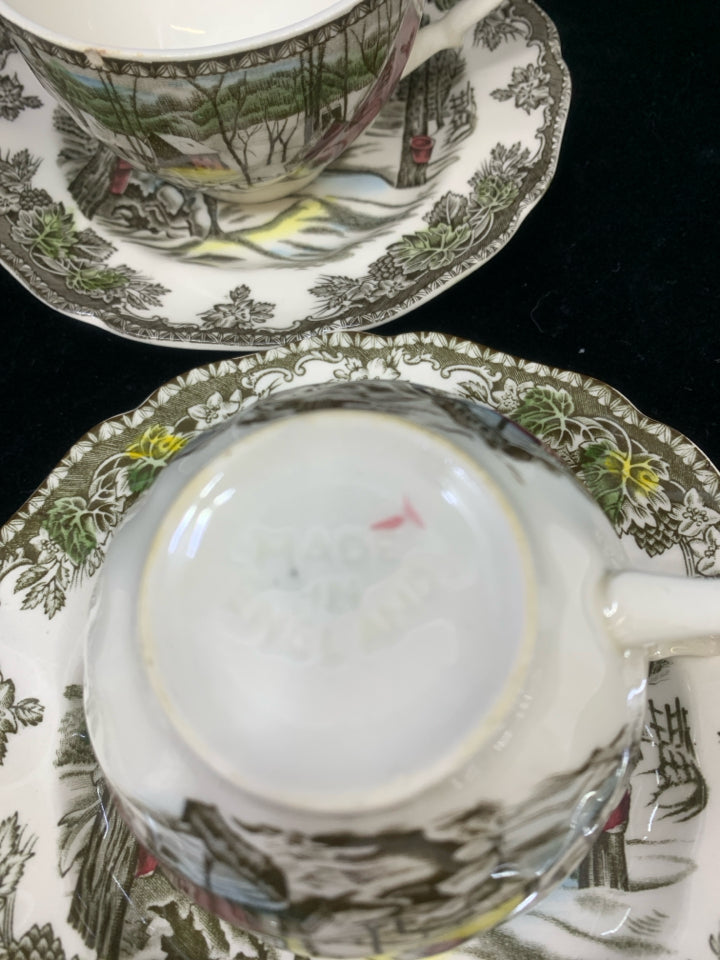 8 PC SVC 4 VTG RED BARN SCENE TEA CUPS JOHNSON BROS.