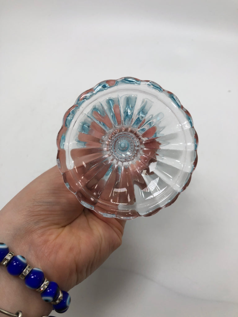 BLUE GLASS FLOWER CANDLE HOLDER.