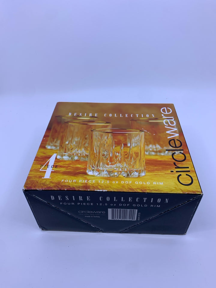 NIB 4 GOLD RIM SHORT WATER GLASSES.