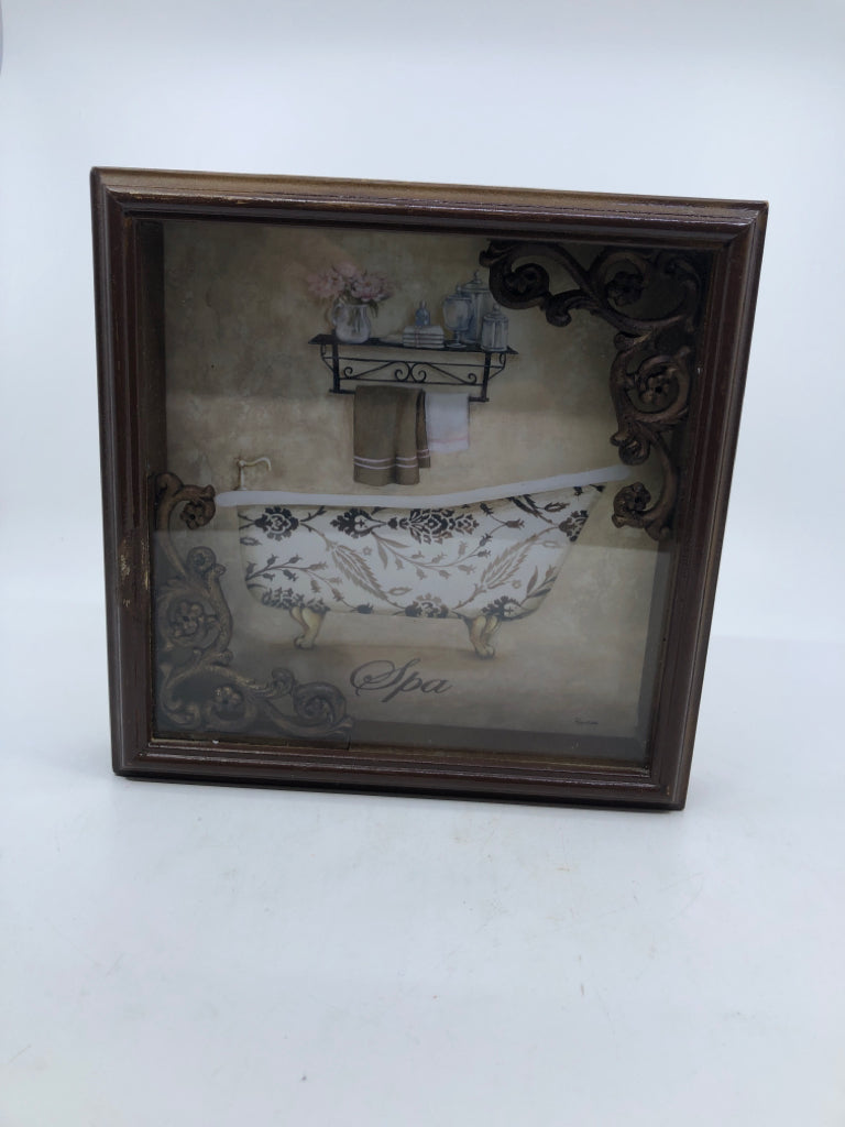 SMALL DARK WOOD SPA BATHTUB SHADOW BOX WALL ART.