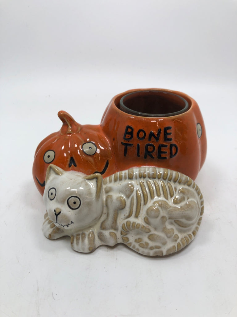 VOTIVE CANDLE HOLDER BONEY BUNCH PUMPKIN & SKELETON CAT -YANKEE CANDLE.