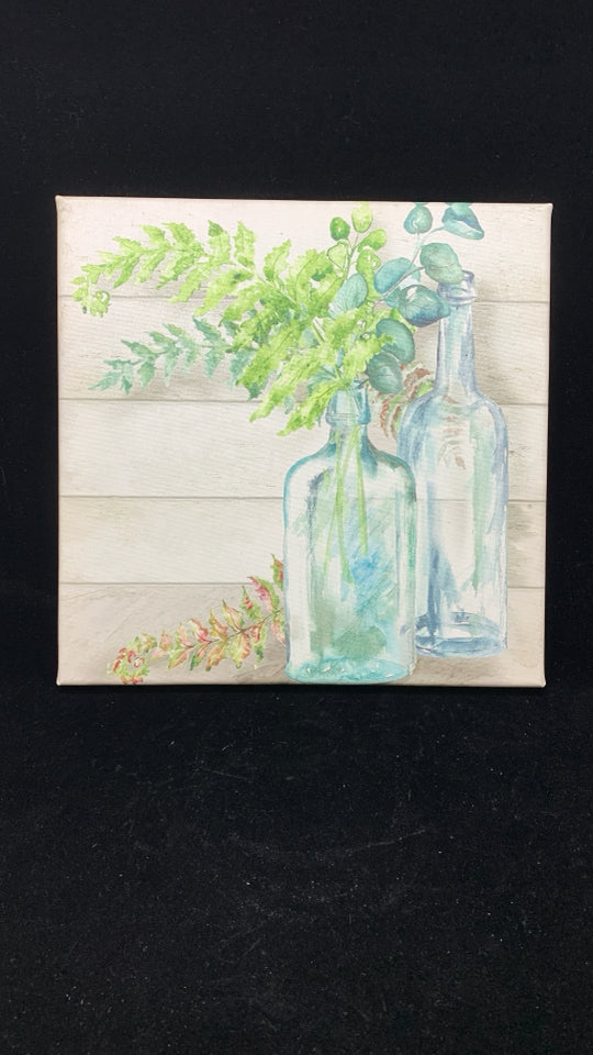 PLANTS IN GLASS BOTTLES WATERCOLOR CANVAS.