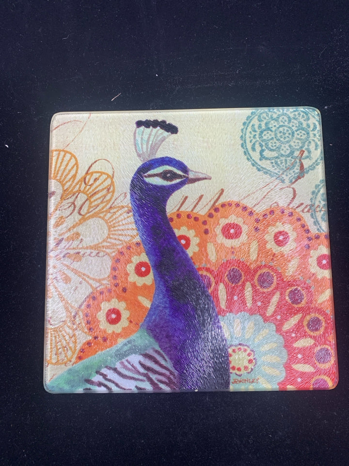 COLORFUL PEACOCK SQUARE CUTTING BOARD.