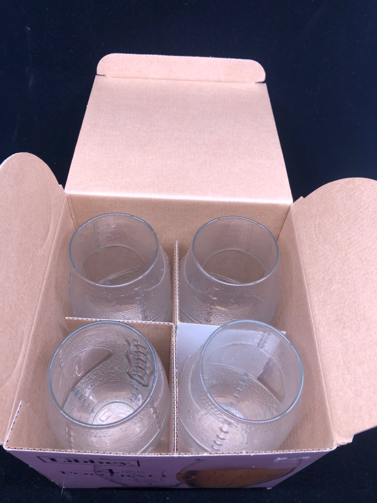 4 NIB FOOTBALL BEER GLASSES.