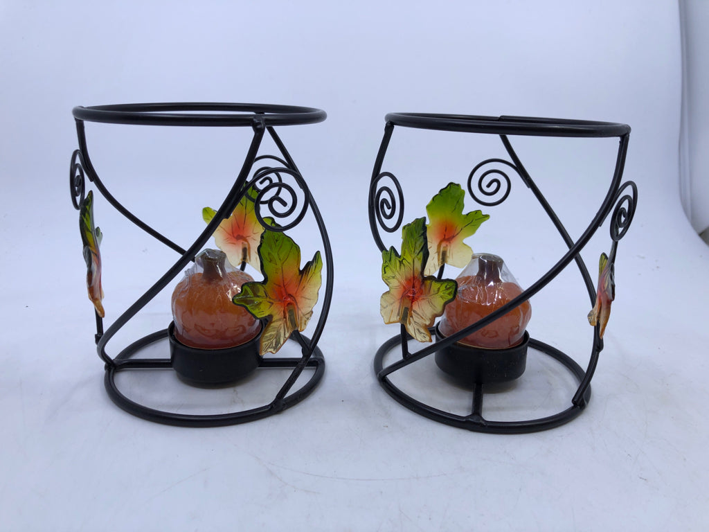 2 BLACK METAL LEAF CANDLE HOLDERS W PUMPKIN TEA LIGHTS.