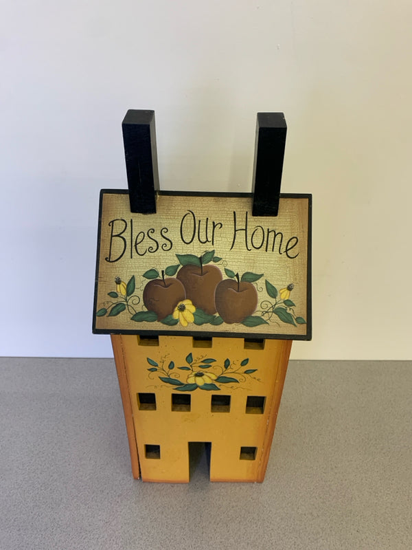 PRIMITIVE "BLESS OUR HOME" W/ APPLES YELLOW LIGHT UP HOUSE.